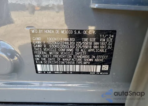 2025 Honda Hr-V Sport z USA, uszkodzony, nr VIN 3CZRZ2H53SM758658